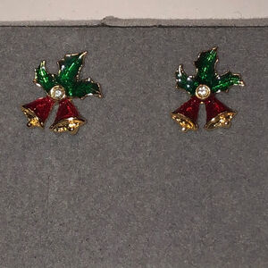 Avon Vintage Gold Tone Christmas Bells Red & Green Enamel Pierced Earrings